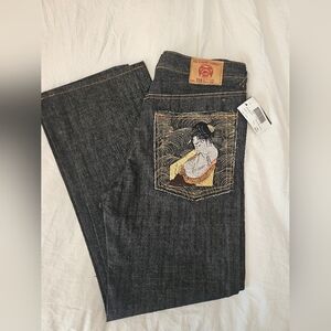 Red Monkey Embroidered Dark Denim Jeans with Ukiyo-e Pocket Art
